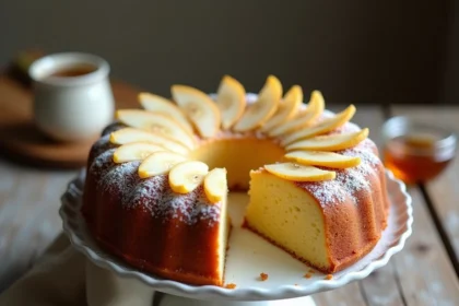 Gâteau poire yaourt ultra fondant entier sur un présentoir blanc avec des tranches de poire en éventail et du sucre glace
