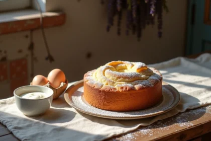 Gâteau au yaourt moelleux de grand-mère posé sur une table en bois rustique avec des œufs et un pot de yaourt