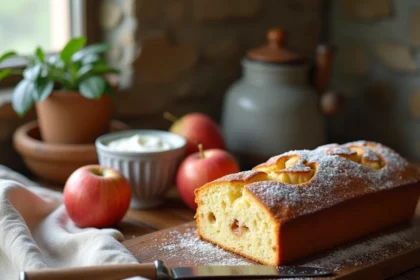 Gâteau au yaourt et aux pommes rustique entier et tranché sur une table en bois de ferme, façon recette de grand-mère