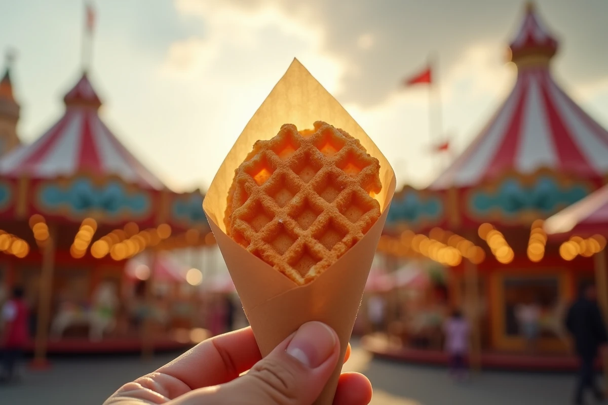 Gaufre croustillante au sucre perlé tenue à la main dans un cornet en papier devant les attractions de la fête foraine