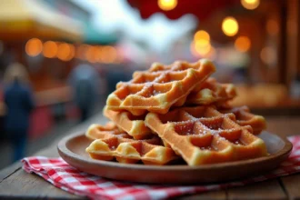 Gaufres croustillantes au sucre perlé empilées sur une assiette en bois rustique avec fond de fête foraine flou