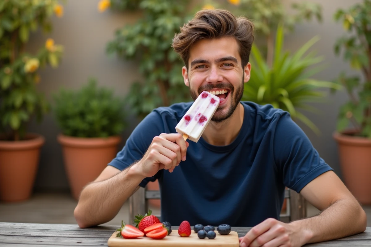 Jeune homme dégustant une glace healthy aux fruits rouges et lait de coco sans sucre raffiné en terrasse