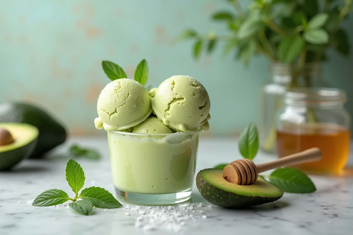Glace maison healthy à l'avocat et au miel sans sucre raffiné présentée dans un verre vintage sur marbre