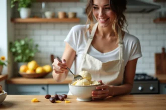 Femme préparant une glace maison healthy aux bananes et mangues sans sucre raffiné dans une cuisine lumineuse