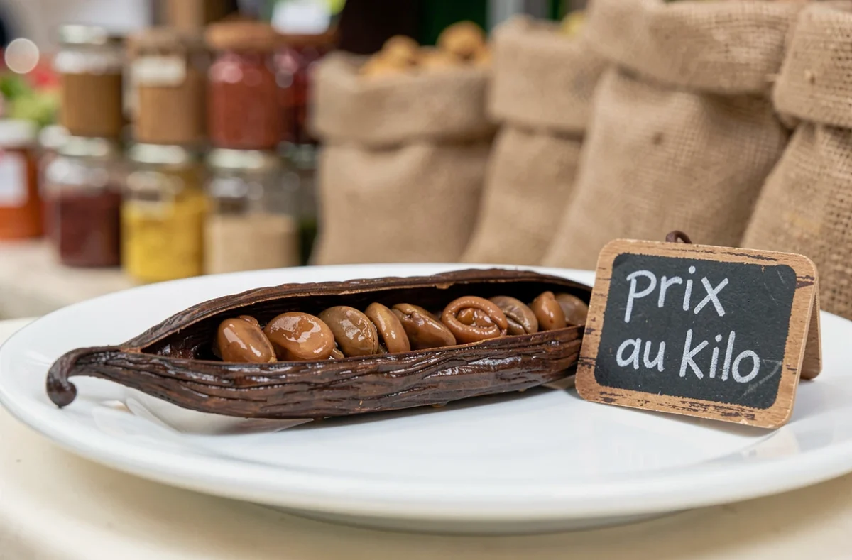 Gros plan d'une gousse de vanille ouverte sur une assiette en céramique blanche avec une étiquette de prix au marché