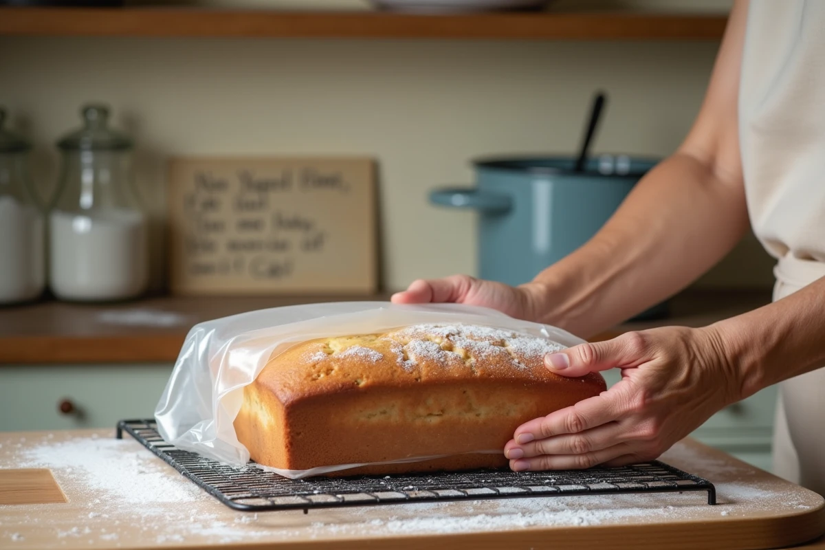 Mains de grand-mère emballant un gâteau au yaourt à préparer la veille pour le réfrigérateur