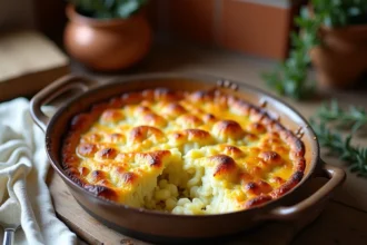 Gratin chou-fleur et pomme de terre avec croûte dorée dans un plat en céramique rustique sur une table en bois