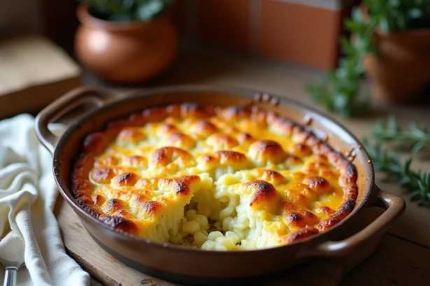 Gratin chou-fleur et pomme de terre avec croûte dorée dans un plat en céramique rustique sur une table en bois
