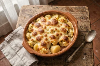 Gratin de chou-fleur et pommes de terre doré dans un plat en céramique rustique sur une table en bois
