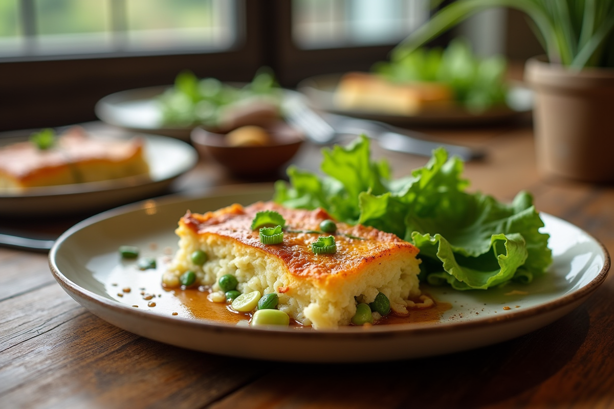 Gratin rustique avec poireaux lima et laitue sur table en bois