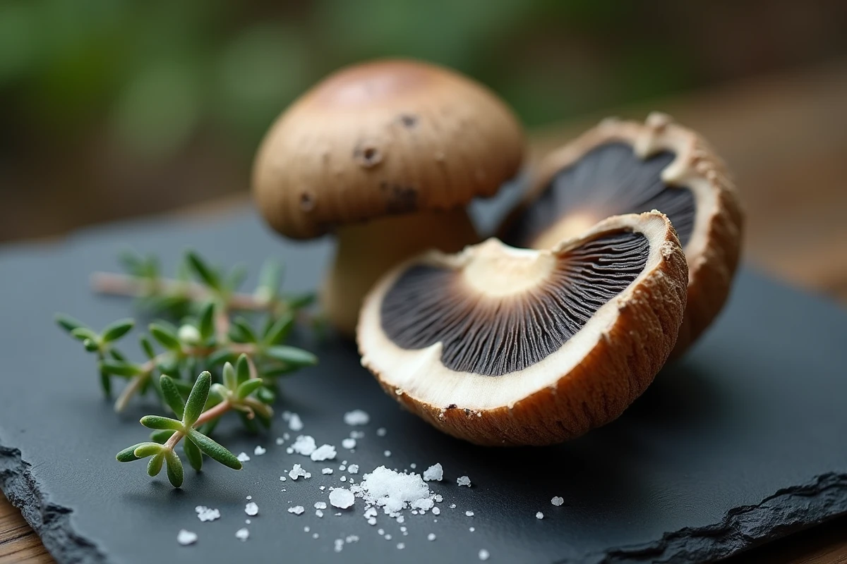 Gros plan de champignons Charbonniers entiers et tranchés sur ardoise avec thym frais et sel de mer