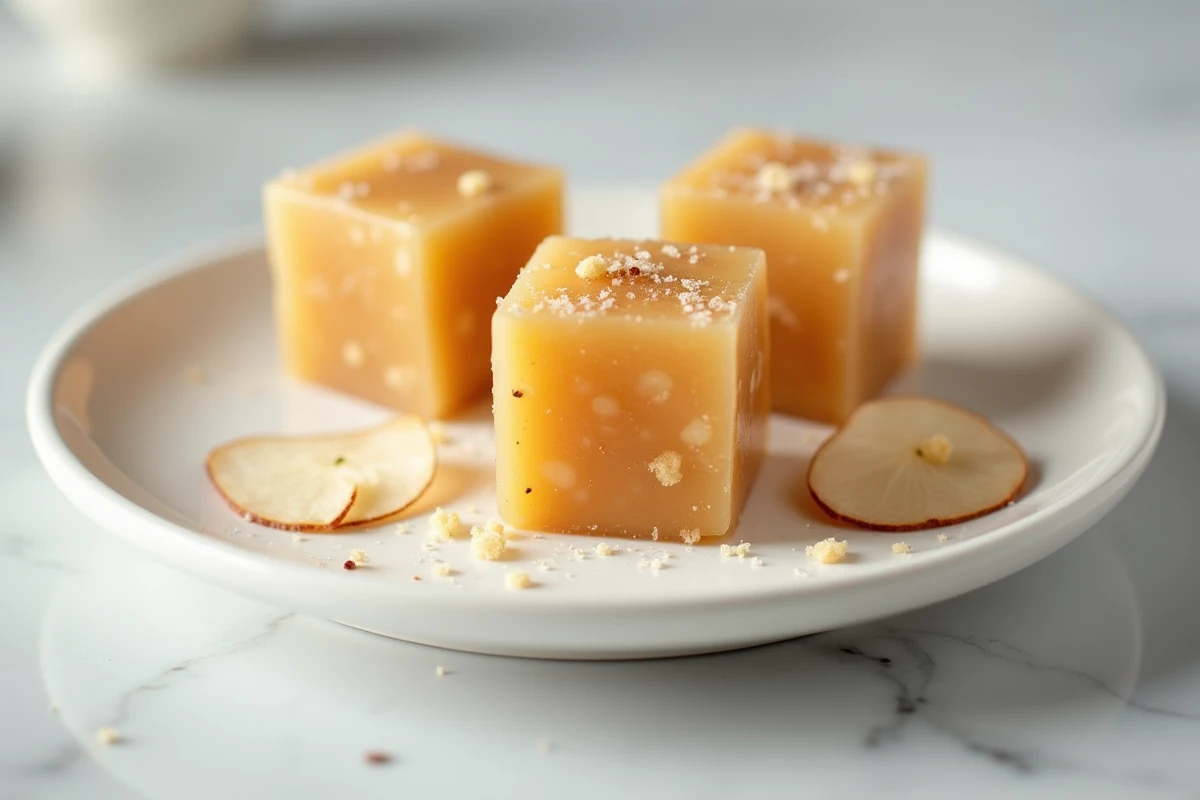 Gros plan sur des pâtes de fruits pomme et poire moelleuses en cubes sur une assiette blanche, révélant leur texture fondante intérieure
