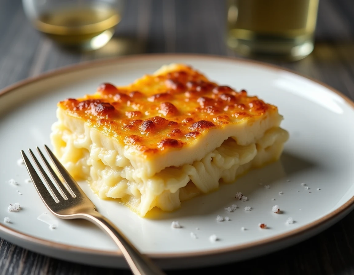 Gros plan d'une portion de gratin chou-fleur pomme de terre en coupe sur assiette blanche montrant les couches crémeuses
