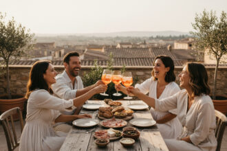 Groupe d'amis riant avec verres de spritz sur une terrasse