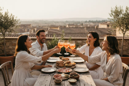 Groupe d'amis riant avec verres de spritz sur une terrasse