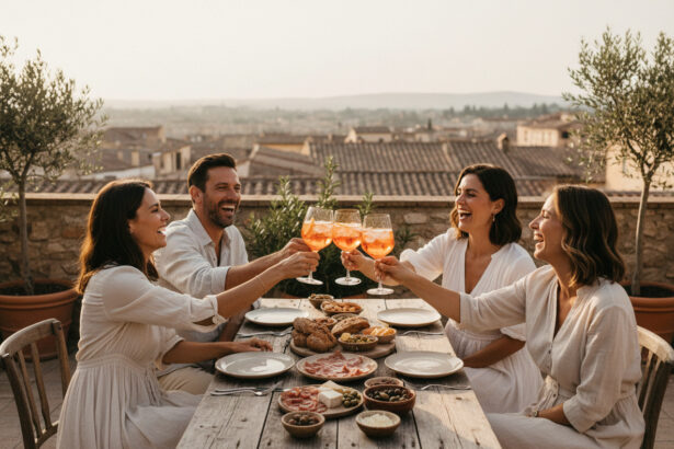 Groupe d'amis riant avec verres de spritz sur une terrasse
