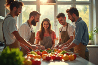 Groupe d'amis en cuisine moderne préparant des fruits et légumes frais