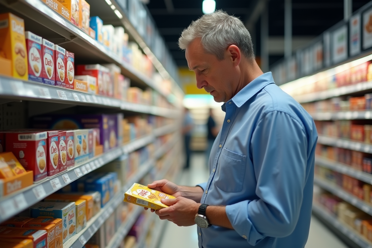 Homme en supermarché comparant deux paquets de biscuits diététiques