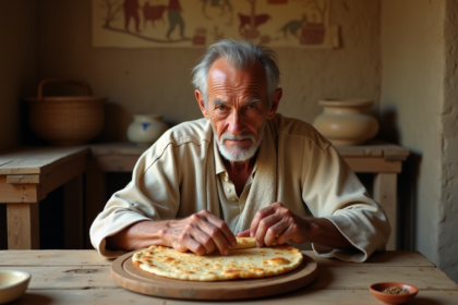 Homme agee cassant un pain ancien sur une table rustique