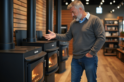 Homme examine poeles a bois en show-room moderne