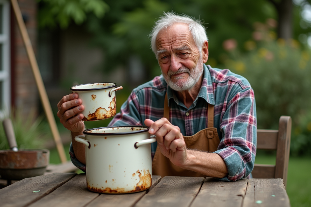 Homme examinant une cocotte en fonte rouillée dans le jardin