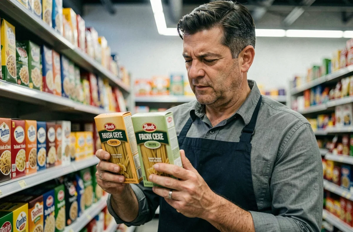 Homme comparant deux boîtes de pâtes dans le rayon d'un supermarché