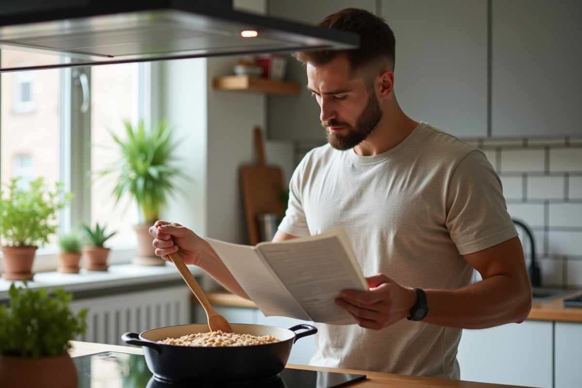 Jeune homme cuisinant des flocons d