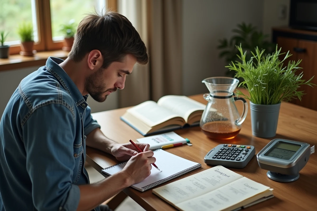 Homme écrivant des notes de cuisine sur table en cuisine