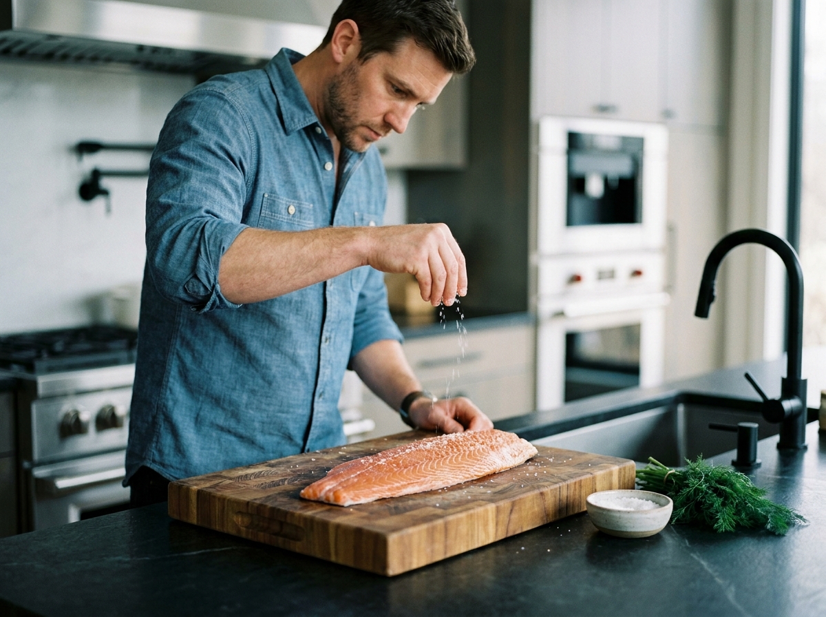 Homme assaisonnant un filet de saumon sur une épaisse planche à découper en teck dans une cuisine moderne et minimaliste