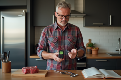 Homme d'âge moyen vérifiant un thermomètre de cuisson dans la cuisine