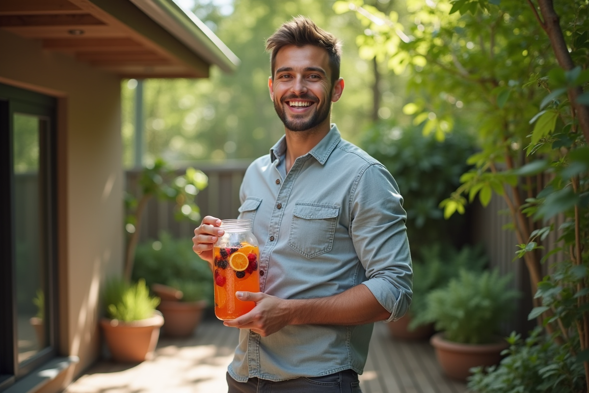 Homme avec jarre d eau detox dans un jardin verdoyant