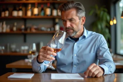 Homme dégustant un sauvignon blanc dans un bar moderne