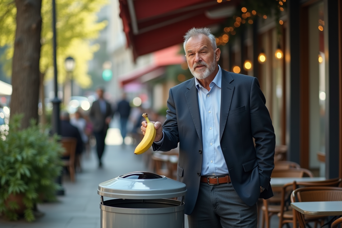 Homme d age moyen jettant une banane à la poubelle en ville