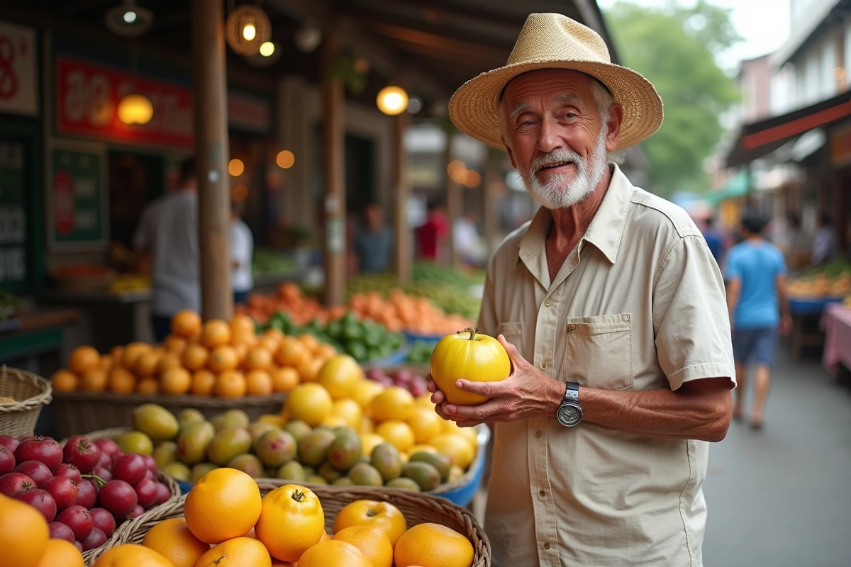 Homme âgé tient un fruit glace dans un marché coloré