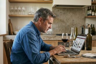 Homme d'âge moyen regardant un site de vin sur son ordinateur à la maison