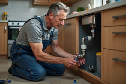 Homme en overalls réparant un siphon de cuisine