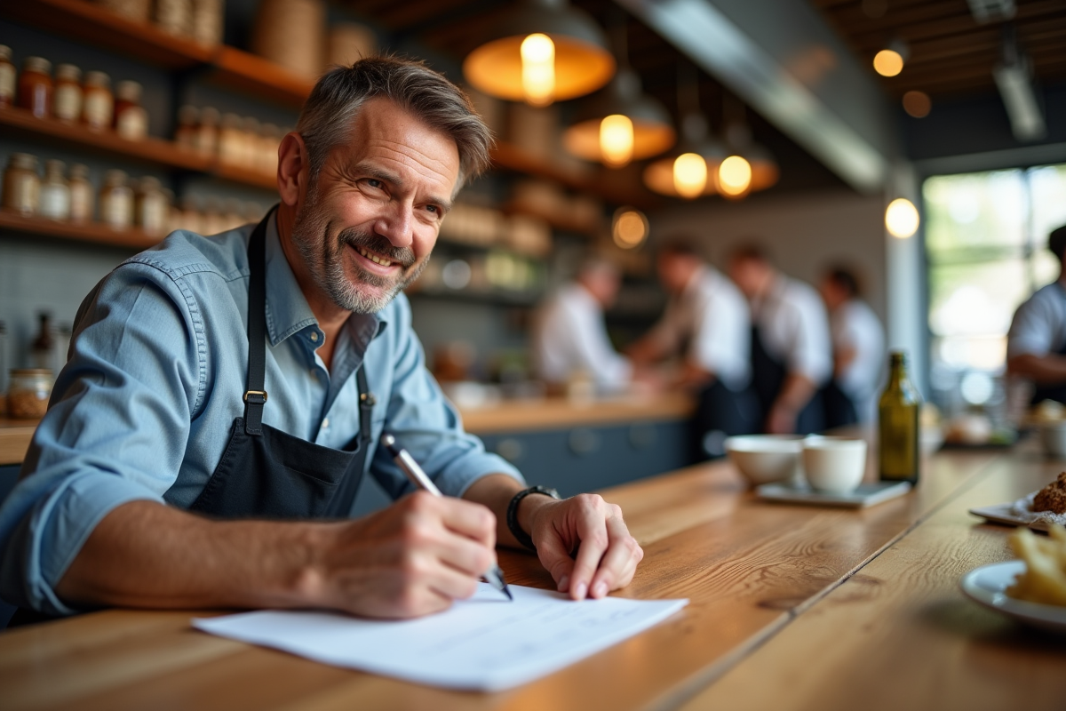 Homme souriant notant lors d