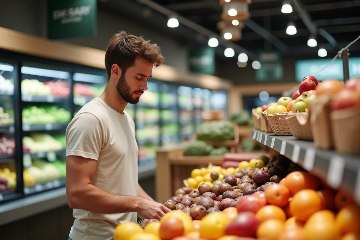 Homme choisissant des ingrédients frais dans un supermarché