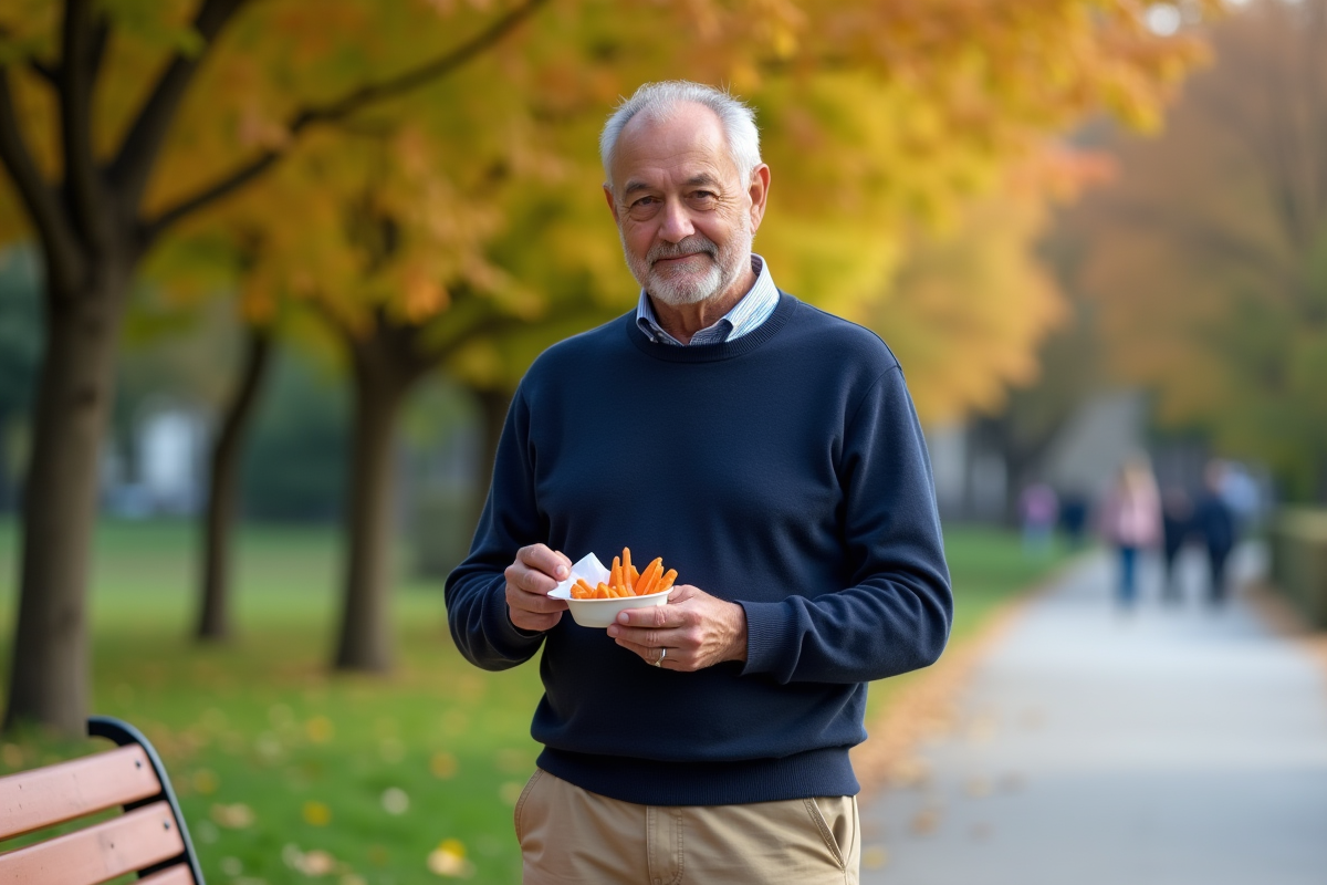 Homme en plein air dégustant un snack sain dans un parc