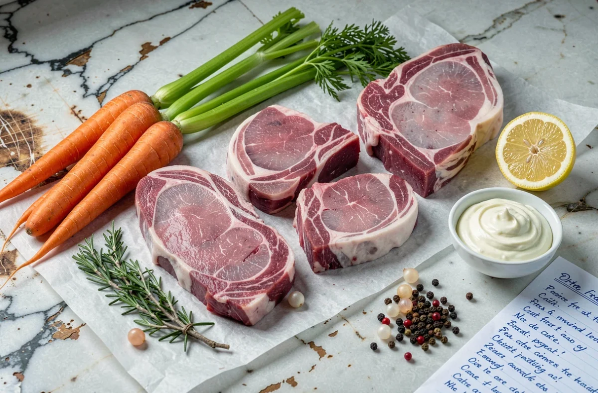 Ingrédients pour blanquette de veau économique disposés sur un plan de travail en marbre : morceaux de veau bon marché, légumes frais, crème fraîche et épices