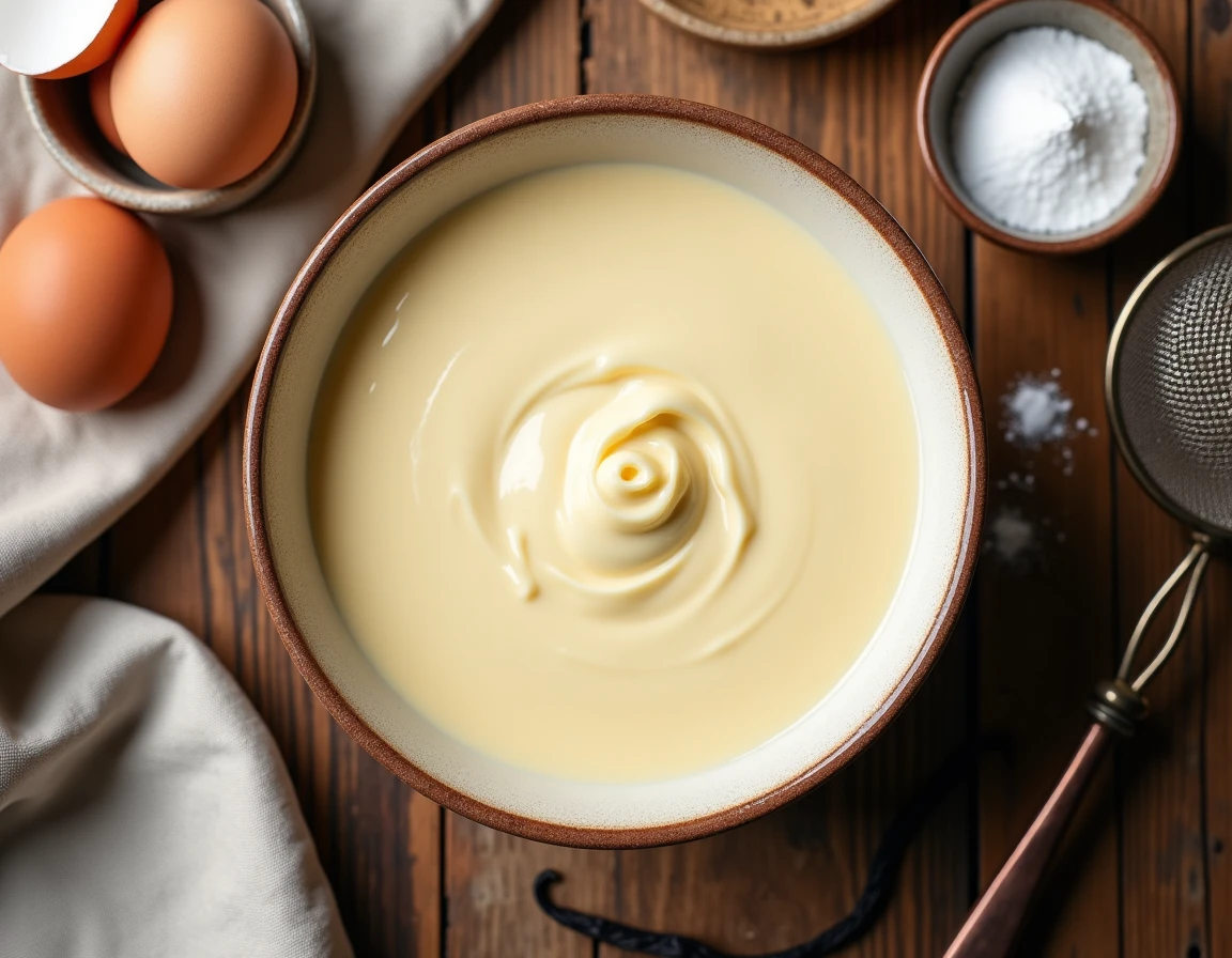 Vue aérienne d'un bol de crème pâtissière entouré d'ingrédients frais sur une table en bois rustique