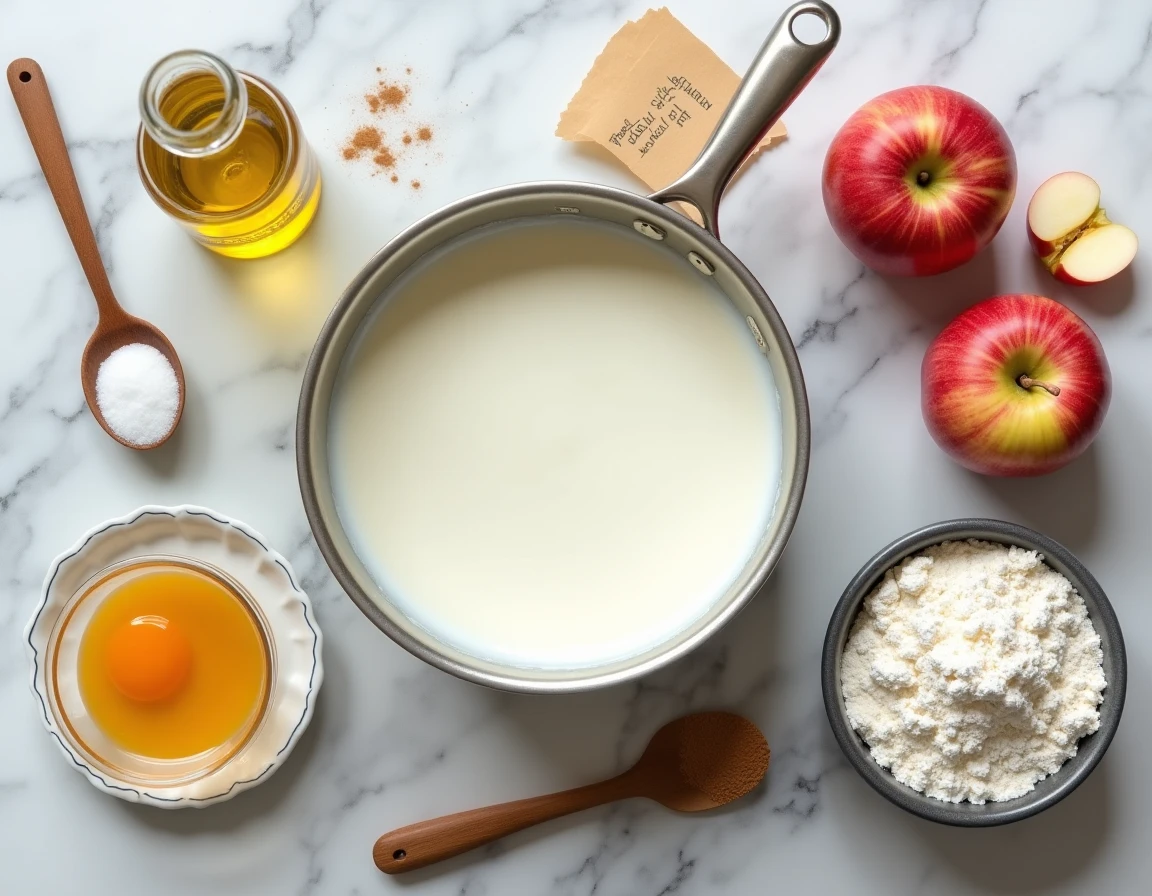 Vue de dessus des ingrédients pour un gâteau au yaourt aux pommes disposés sur un marbre de cuisine avec une fiche recette manuscrite