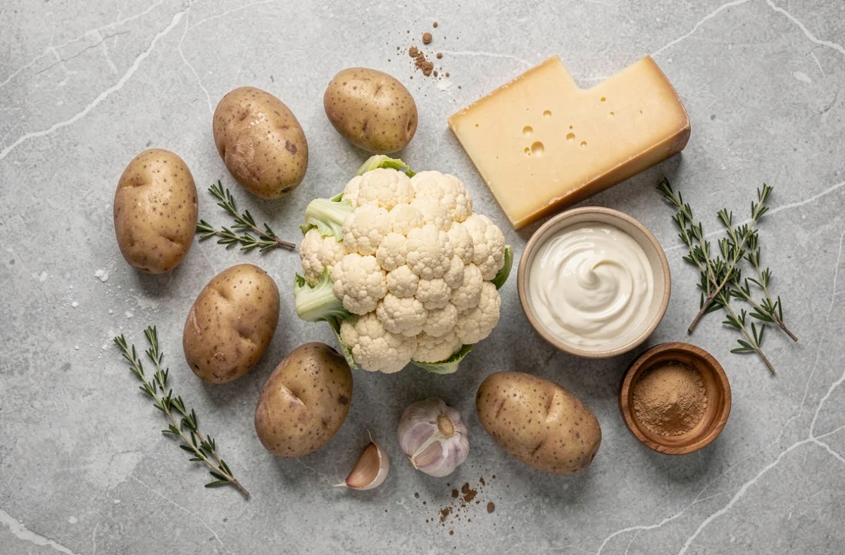 Ingrédients frais pour un gratin de chou-fleur et pommes de terre disposés en flat lay sur une surface en pierre