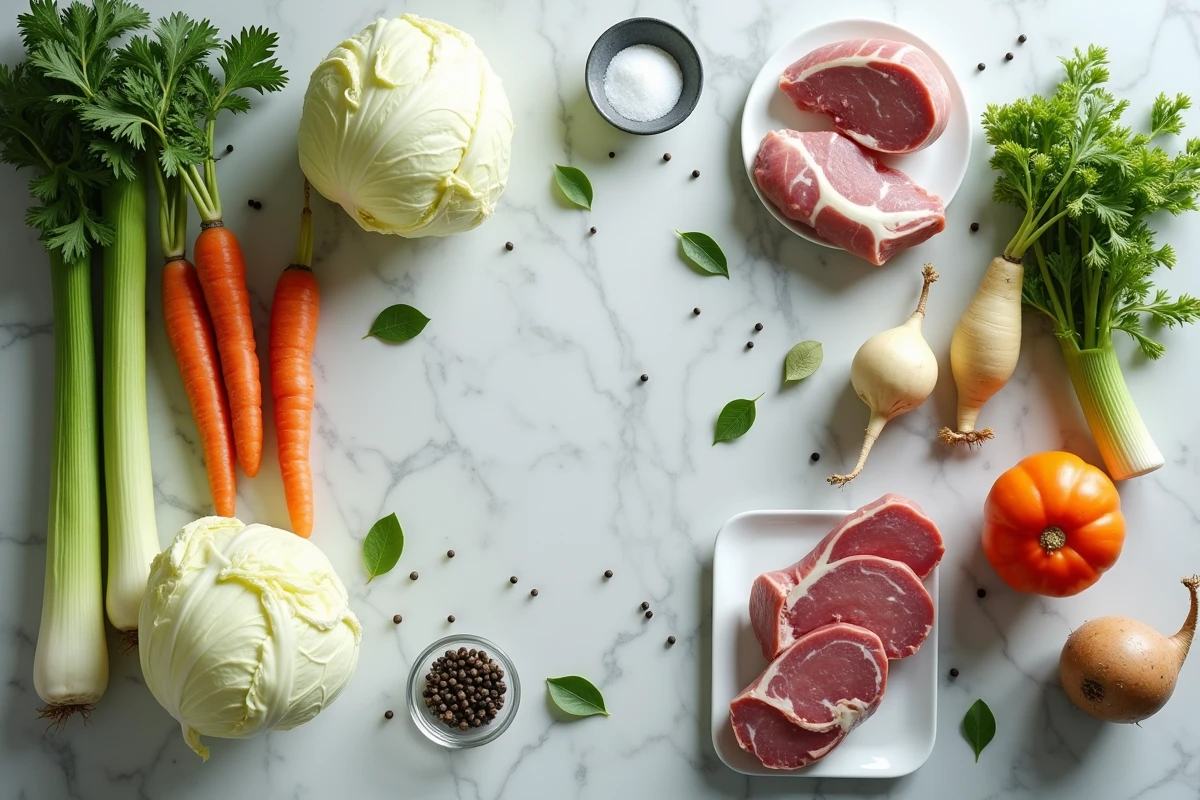 Ingrédients frais pour une potée légère disposés sur un plan de travail en marbre : légumes, viande maigre et épices