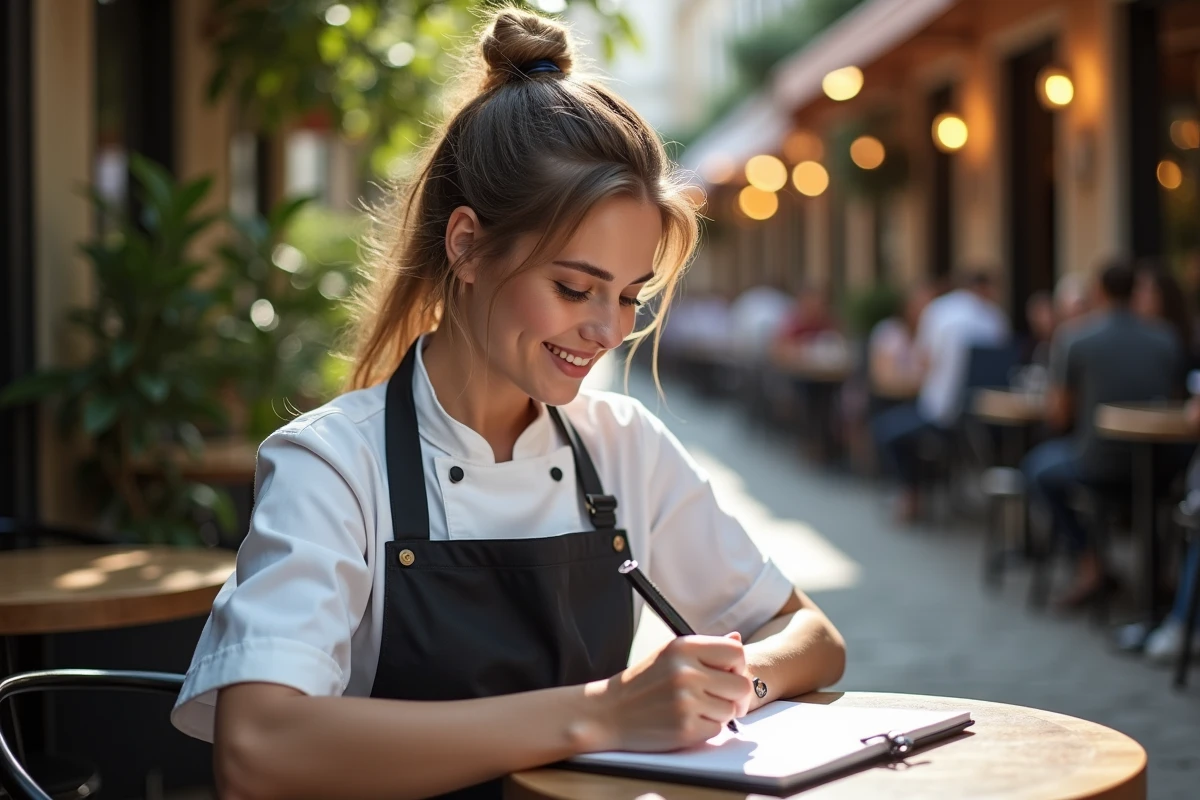 Jeune chef femme prenant notes en terrasse parisienne