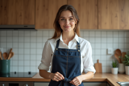 Jeune femme en cuisine portant un tablier blanc