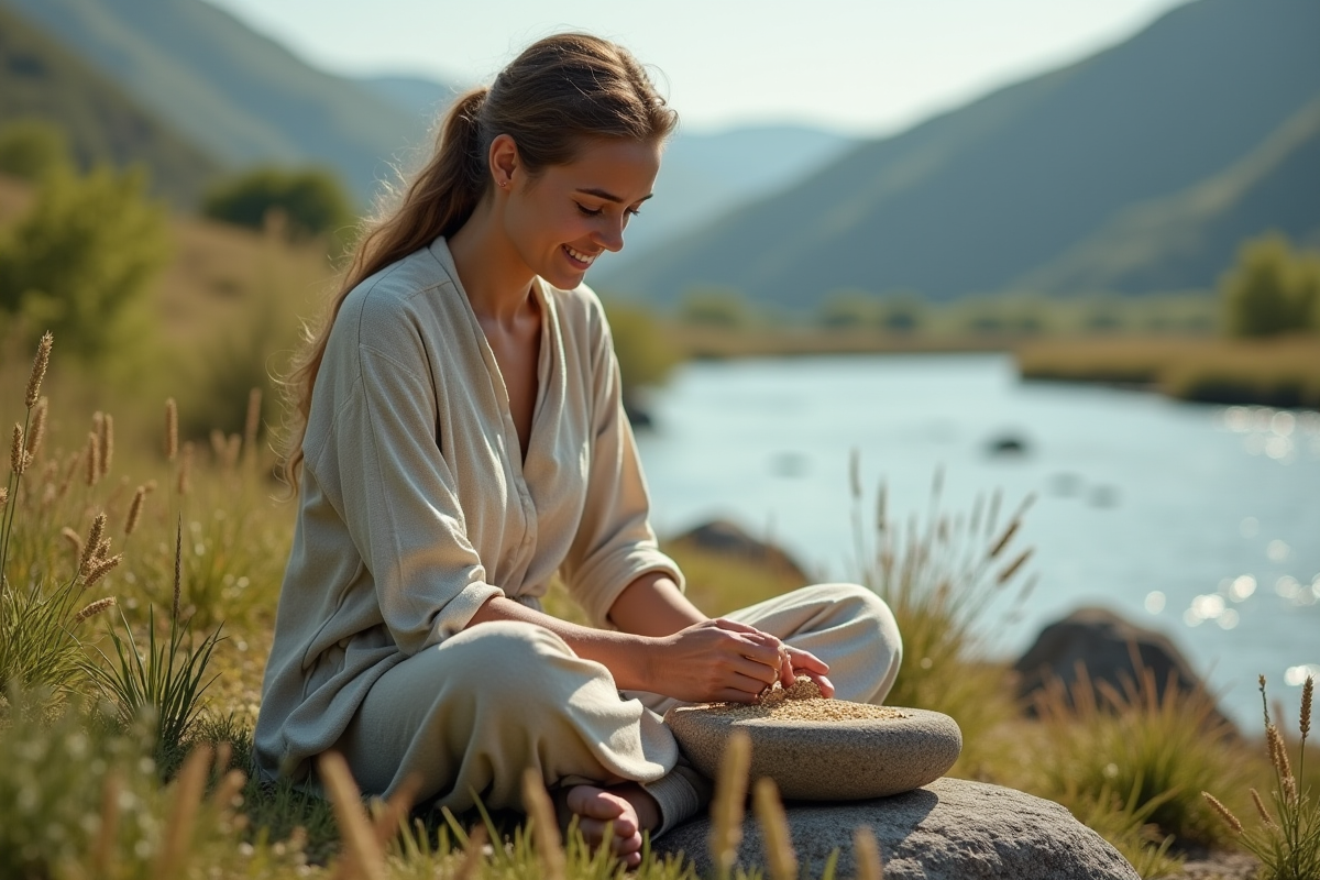 Jeune femme moulant des grains avec une pierre en plein air
