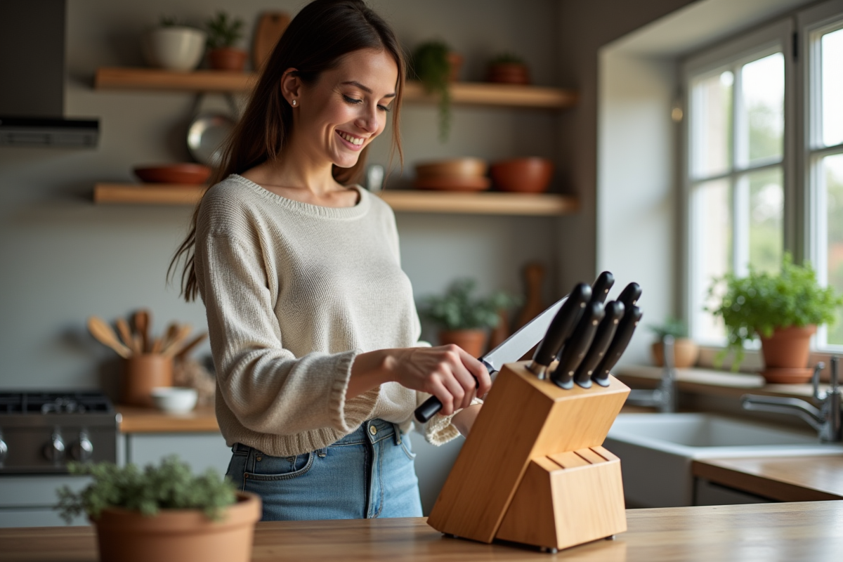 Jeune femme rangeant des couteaux dans un bloc en bois dans la cuisine