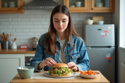 Jeune femme préparant une salade et un sandwich dans une cuisine moderne