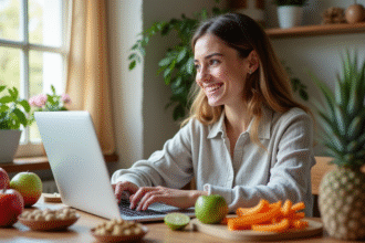 Jeune femme souriante travaillant sur son ordinateur avec des snacks sains